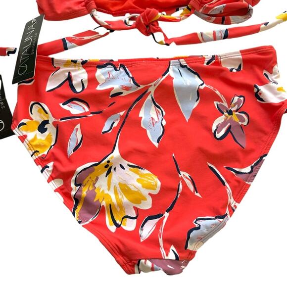 Catalina Bikini Set Red Floral Tie Back Top High Waisted Bottom Swim Small NEW - Picture 8 of 12